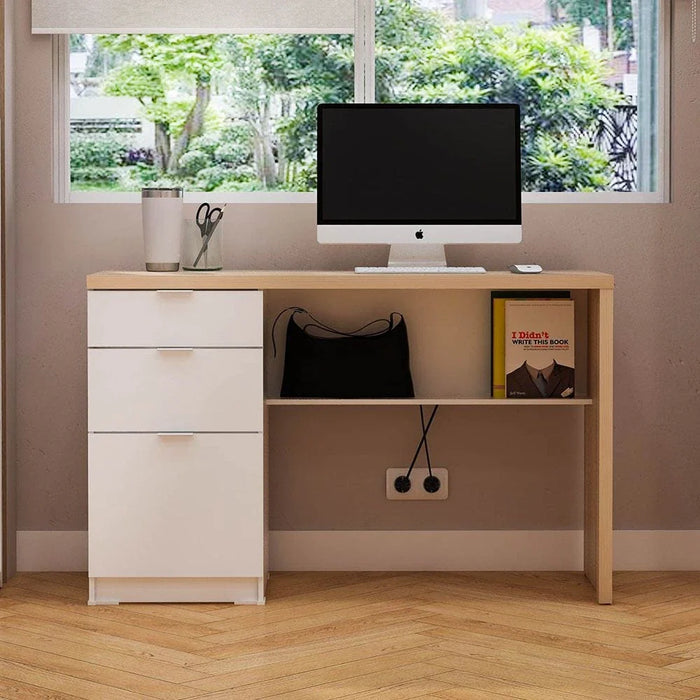 Barbados Office Desk with 2 Drawers & 1 Door + Shelf-White/Oak-With 2-Year Warranty