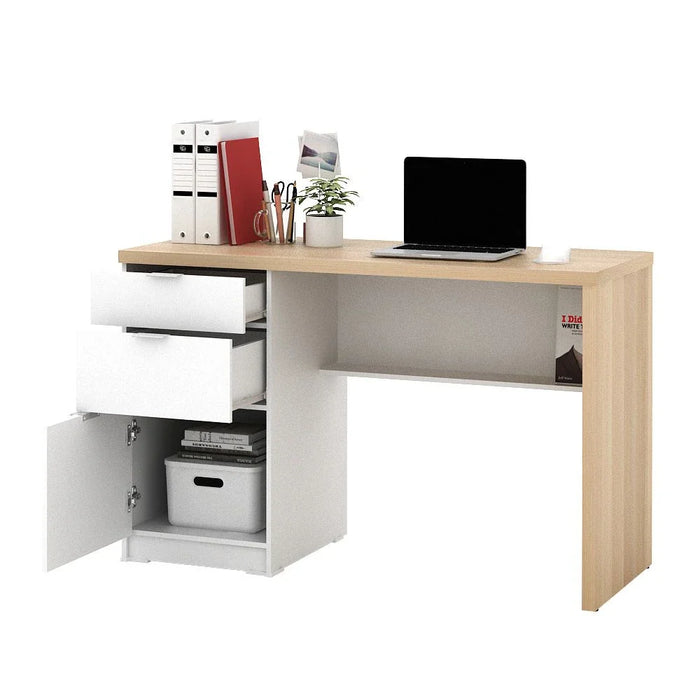 Barbados Office Desk with 2 Drawers & 1 Door + Shelf-White/Oak-With 2-Year Warranty
