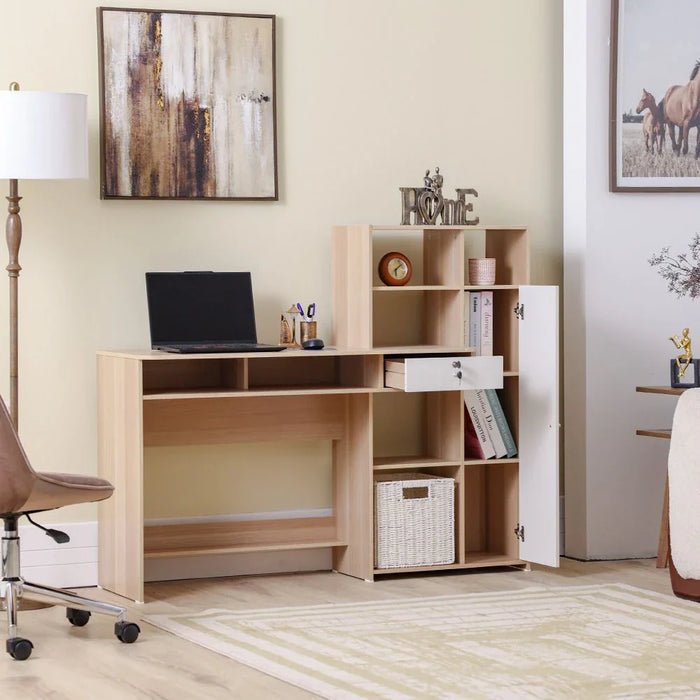 Estonia Study Desk with 1 Door & Drawer + Shelves - White/Oak - With 2-Year Warranty