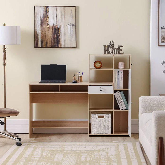 Estonia Study Desk with 1 Door & Drawer + Shelves - White/Oak - With 2-Year Warranty