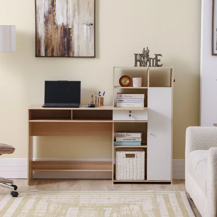 Estonia Study Desk with 1 Door & Drawer + Shelves - White/Oak - With 2-Year Warranty