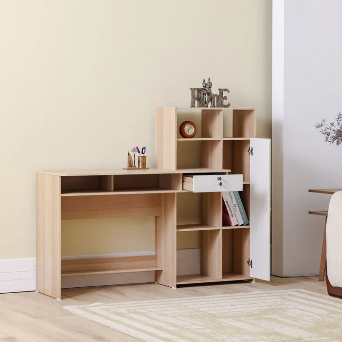 Estonia Study Desk with 1 Door & Drawer + Shelves - White/Oak - With 2-Year Warranty