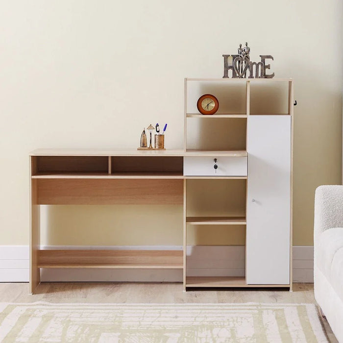 Estonia Study Desk with 1 Door & Drawer + Shelves - White/Oak - With 2-Year Warranty
