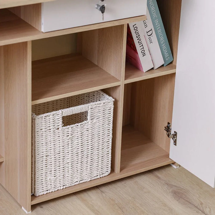 Estonia Study Desk with 1 Door & Drawer + Shelves - White/Oak - With 2-Year Warranty