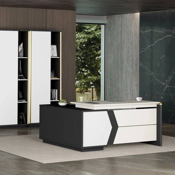 Skive Executive L- Shape  Office Desk With  2 Drawer and 1 Door Storage - White/Grey