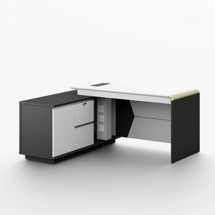 Skive Executive L- Shape  Office Desk With  2 Drawer and 1 Door Storage - White/Grey