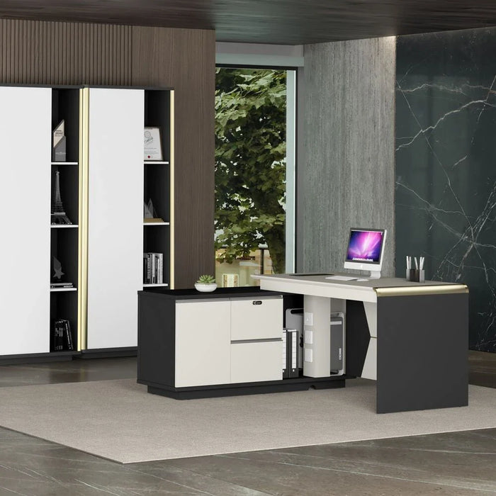Skive Executive L- Shape  Office Desk With  2 Drawer and 1 Door Storage - White/Grey