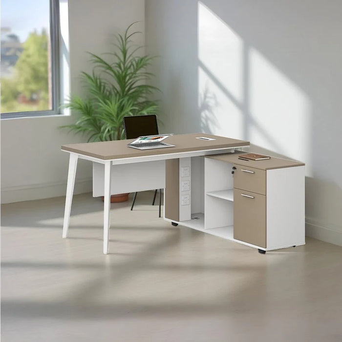 Herstal Corner Office Desk With 2 Drawer and open shelves-Oak/White