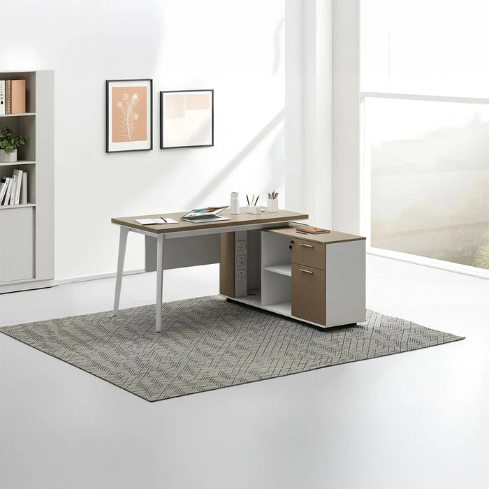 Herstal Corner Office Desk With 2 Drawer and open shelves-Oak/White