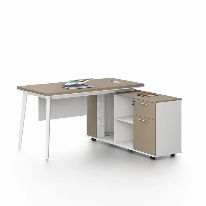 Herstal Corner Office Desk With 2 Drawer and open shelves-Oak/White