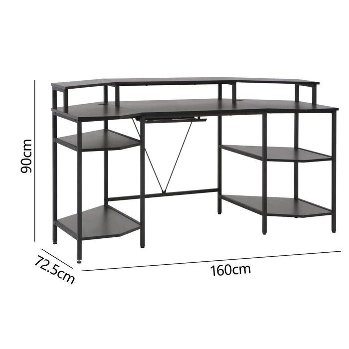 Bremen Gaming Desk With  Open Shelves -Black