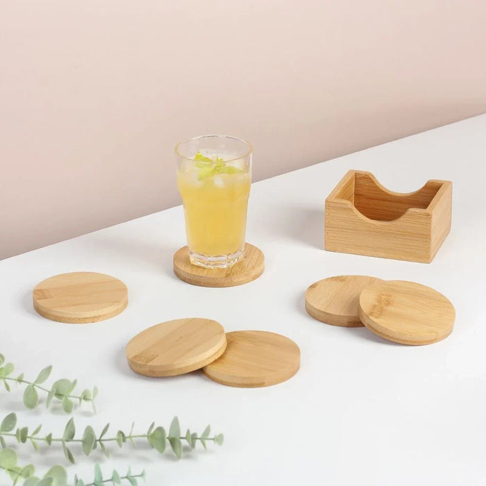 Loretta 6-Piece Bamboo Coaster Set with Holder Bamboo Dia 9 x 1.2cm
