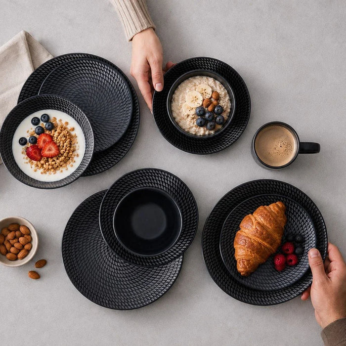 Angelika 18-Pc Stoneware Dinner Set - Black - Serves 4