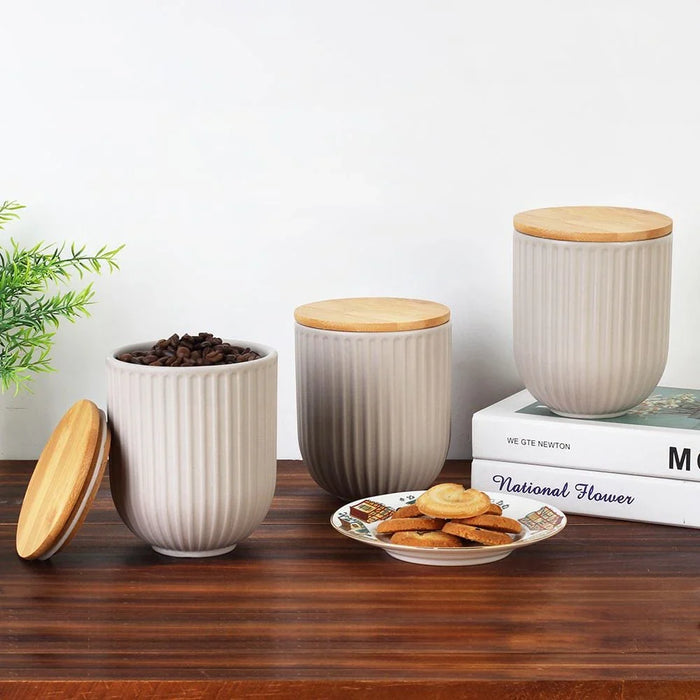 Astra 3-Piece Ceramic Storage Jar Set With Bamboo Lid -750Ml