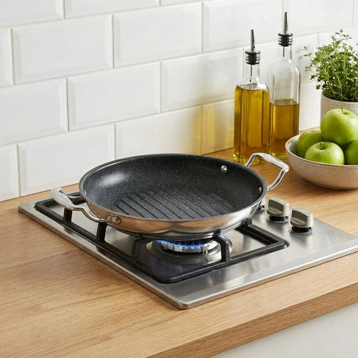 Chef's Delight Tri-Ply Stainless Steel Round Grill Pan with Quantanium Non-Stick Coating,26CM