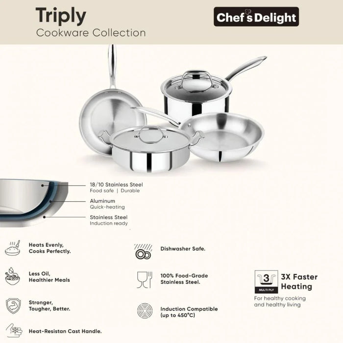 Chef's Delight Tri-Ply Stainless Steel Tawa with Quantanium Non-Stick Coating-Induction Compatible, 28CM