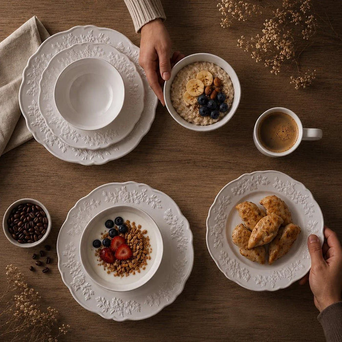 Apollo 16-Piece Geometric Embossed Porcelain Dinner Set -Serves 4