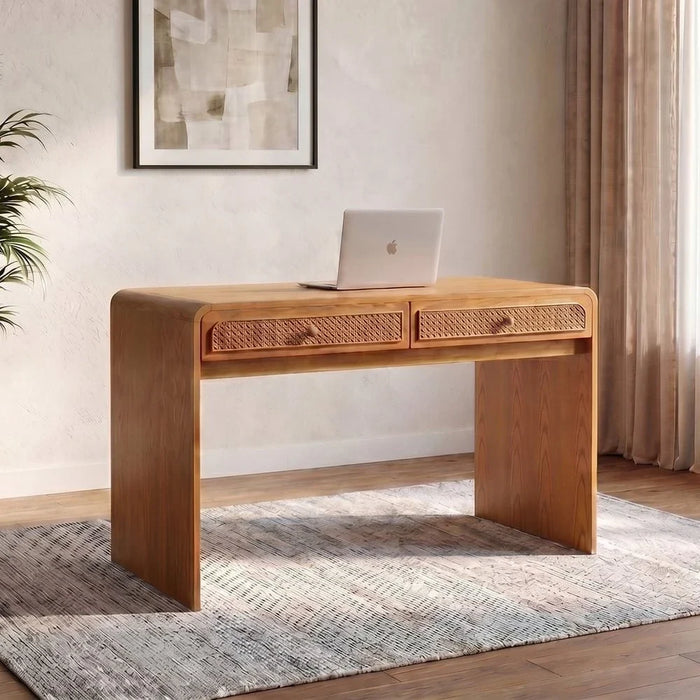 V2 Rita Writing Desk with Natural Rattan-Oak/Rattan Ð With 2-Year Warranty