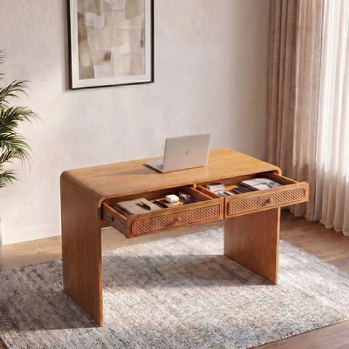 V2 Rita Writing Desk with Natural Rattan-Oak/Rattan Ð With 2-Year Warranty