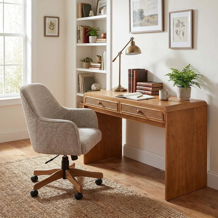 V2 Rita Writing Desk with Natural Rattan-Oak/Rattan Ð With 2-Year Warranty