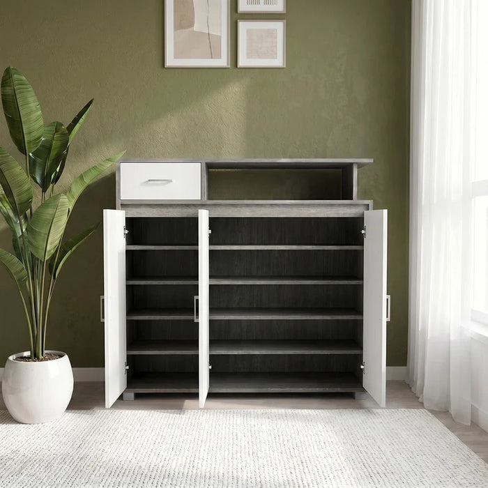 Beak 3 Door & 1 Drawer Shoe Cabinet For 20 Pairs- Grey Oak / White