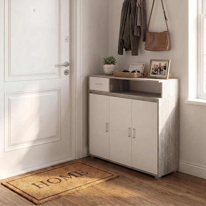 Beak 3 Door & 1 Drawer Shoe Cabinet For 20 Pairs- Grey Oak / White