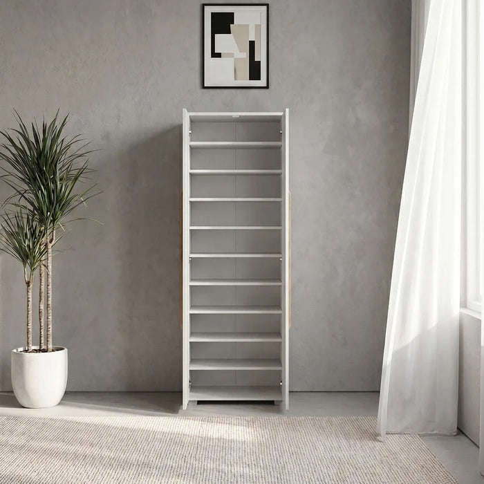 Bill 2 Door Tall Shoe Cabinet-30 Pairs-White/Oak-With 2-Year Warranty