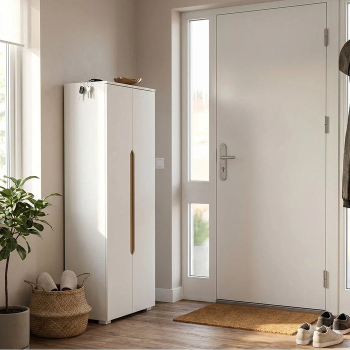 Bill 2 Door Tall Shoe Cabinet-30 Pairs-White/Oak-With 2-Year Warranty