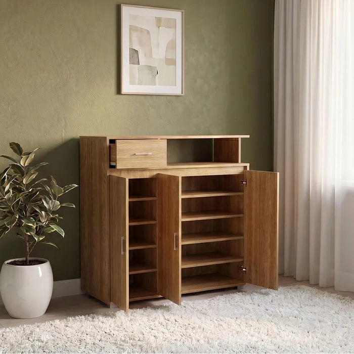 Beak 3 Door & 1 Drawer Shoe Cabinet For 20 Pairs - Dark Oak
