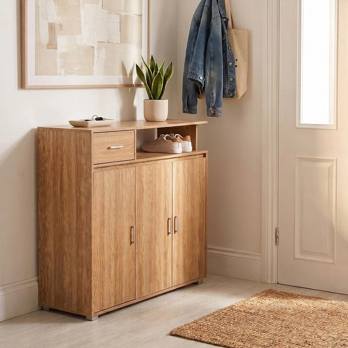 Beak 3 Door & 1 Drawer Shoe Cabinet For 20 Pairs - Dark Oak
