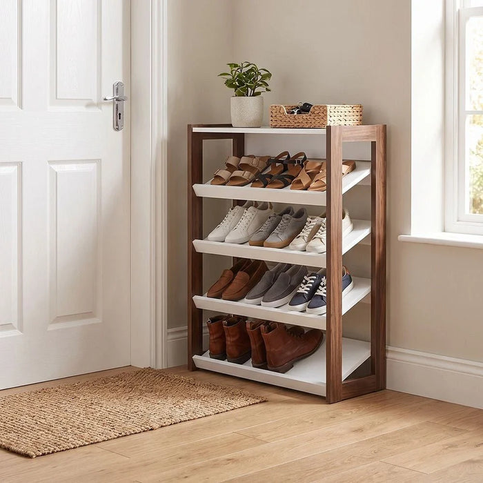 Lean 4-Tier Shoe Cabinet - 12 Pairs - White/Walnut - With 2-Year Warranty