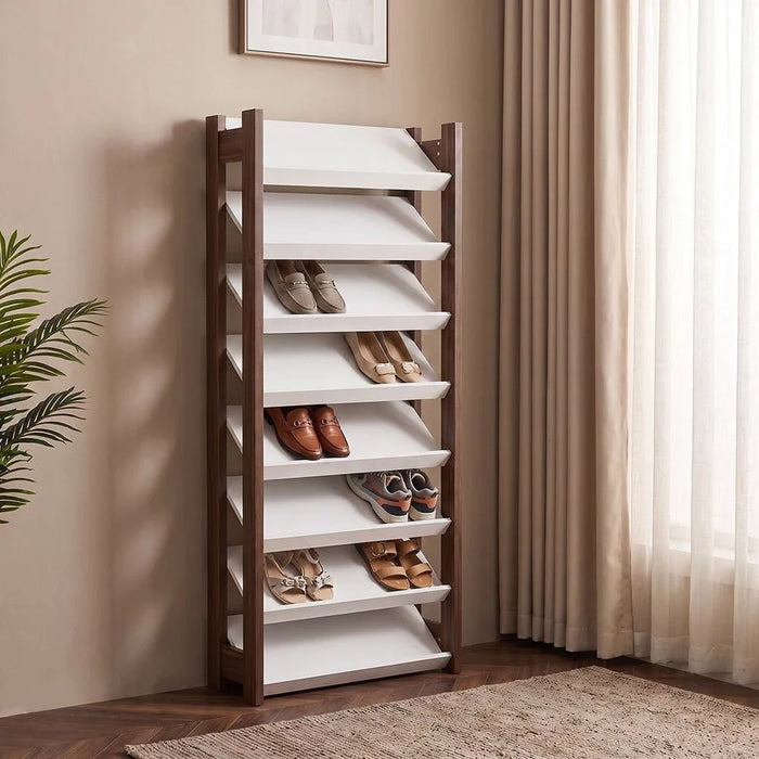 Lean 8-Tier Tall Shoe Cabinet - 24 Pairs - White/Walnut - With 2-Year Warranty