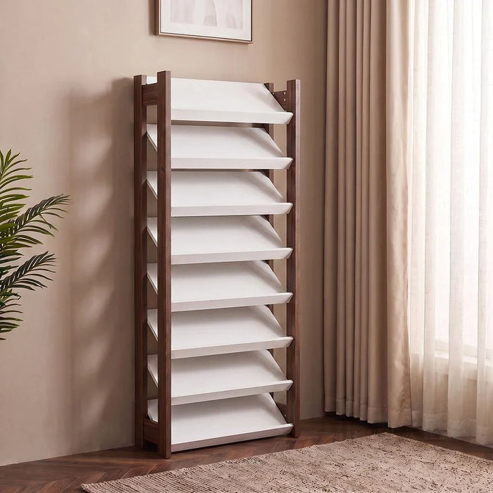 Lean 8-Tier Tall Shoe Cabinet - 24 Pairs - White/Walnut - With 2-Year Warranty