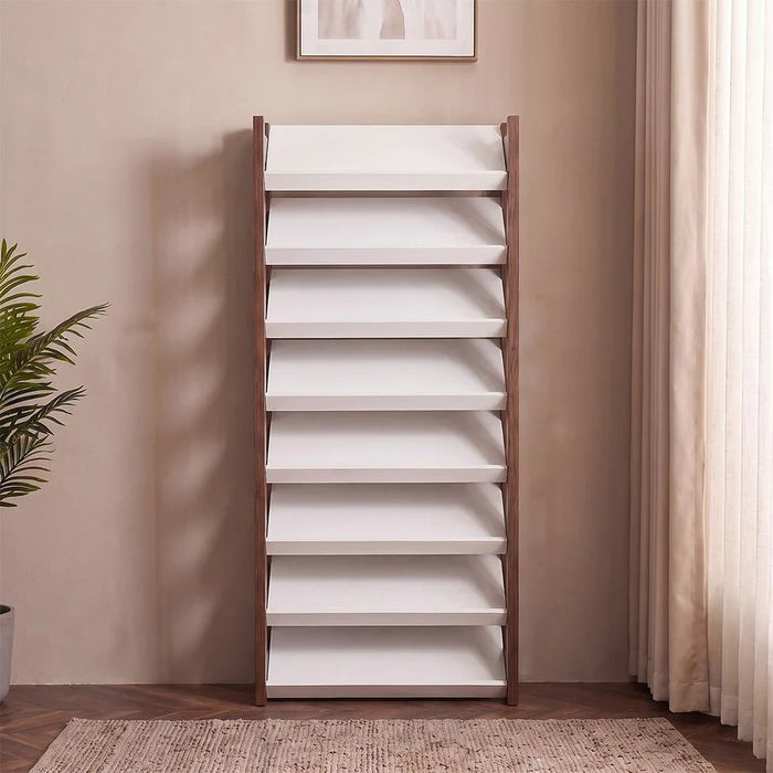 Lean 8-Tier Tall Shoe Cabinet - 24 Pairs - White/Walnut - With 2-Year Warranty