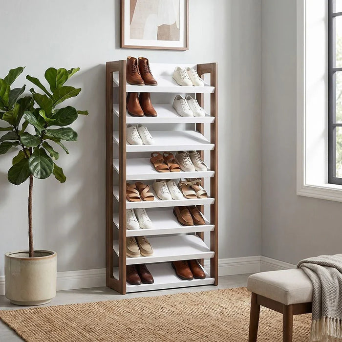 Lean 8-Tier Tall Shoe Cabinet - 24 Pairs - White/Walnut - With 2-Year Warranty