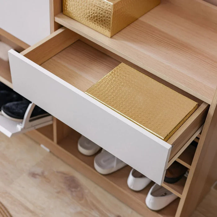 Barbados 15-Pair Shoe Cabinet with Open Shelves & Hooks-White/Oak-With 2-Year Warranty