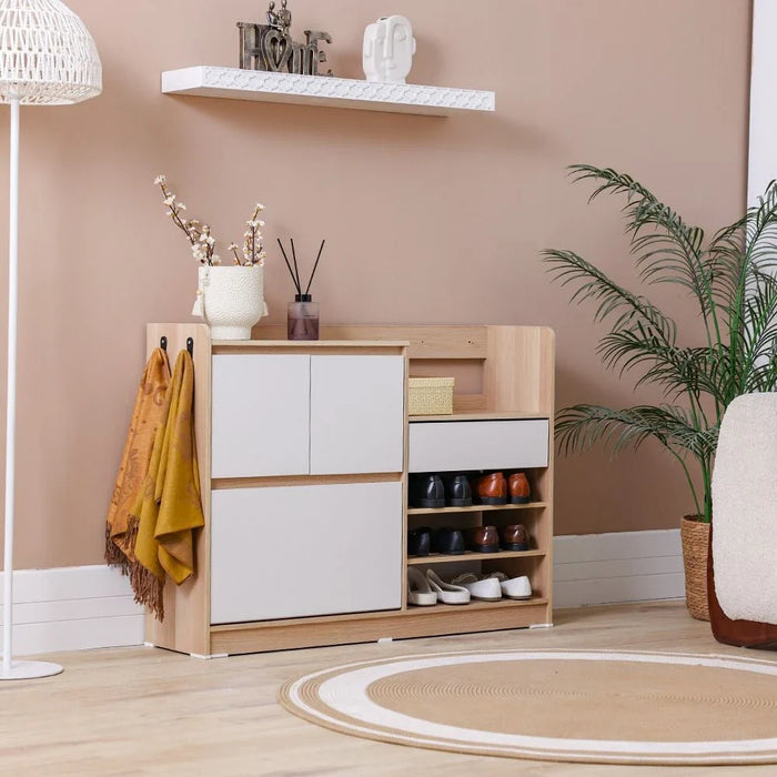 Barbados 15-Pair Shoe Cabinet with Open Shelves & Hooks-White/Oak-With 2-Year Warranty