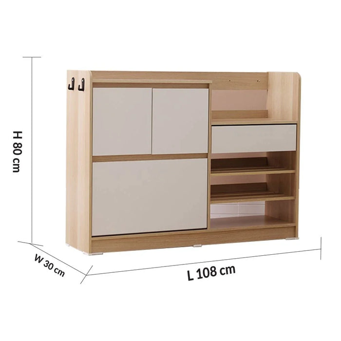 Barbados 15-Pair Shoe Cabinet with Open Shelves & Hooks-White/Oak-With 2-Year Warranty