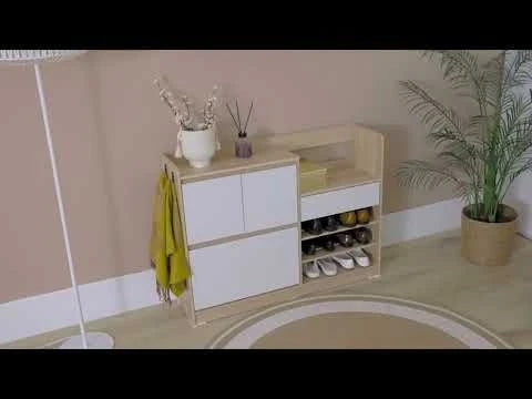 Barbados 15-Pair Shoe Cabinet with Open Shelves & Hooks-White/Oak-With 2-Year Warranty