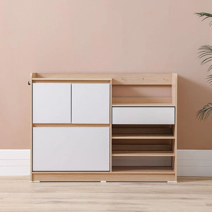 Barbados 15-Pair Shoe Cabinet with Open Shelves & Hooks-White/Oak-With 2-Year Warranty