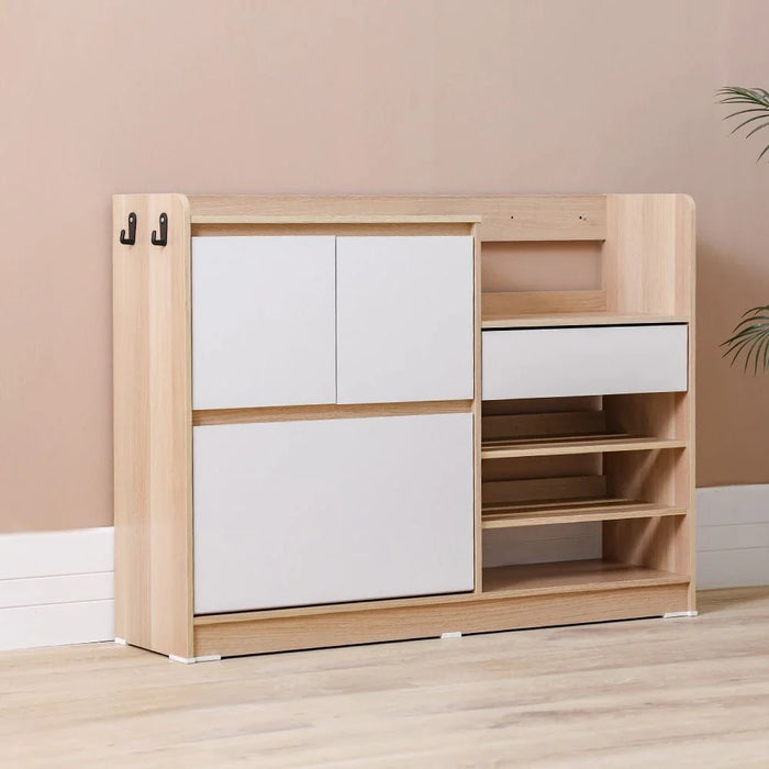 Barbados 15-Pair Shoe Cabinet with Open Shelves & Hooks-White/Oak-With 2-Year Warranty