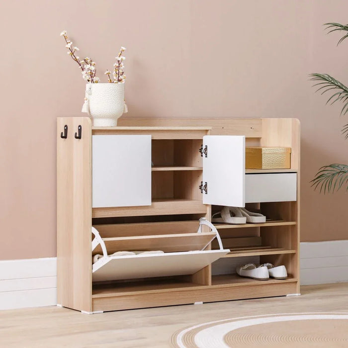 Barbados 15-Pair Shoe Cabinet with Open Shelves & Hooks-White/Oak-With 2-Year Warranty