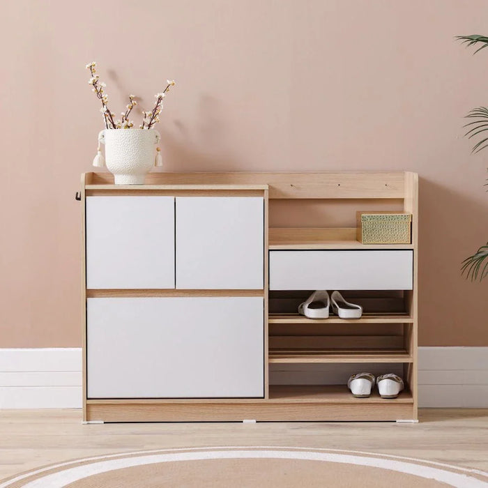 Barbados 15-Pair Shoe Cabinet with Open Shelves & Hooks-White/Oak-With 2-Year Warranty