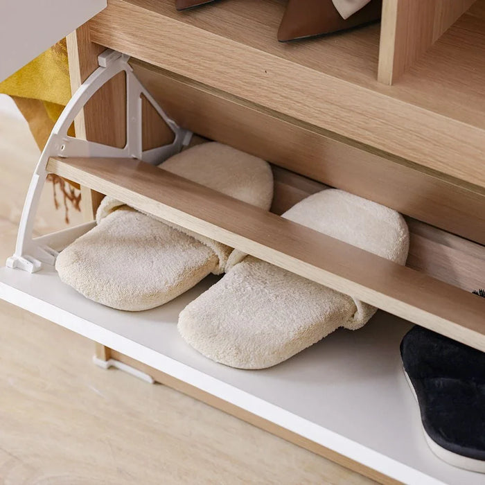 Barbados 15-Pair Shoe Cabinet with Open Shelves & Hooks-White/Oak-With 2-Year Warranty