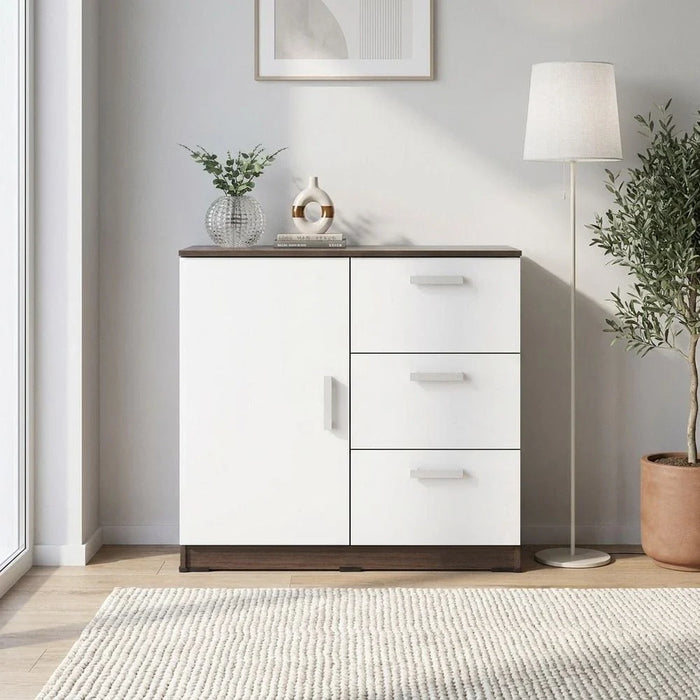 Alba Multipurpose Cabinet with 1 Door and 3 Drawers - Walnut/White - With 2-Year Warranty