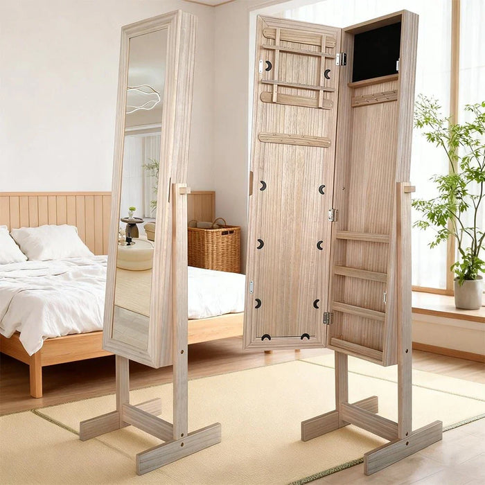 Manny Free- Standing Jewelry Cabinet With Mirror- Natural Oak