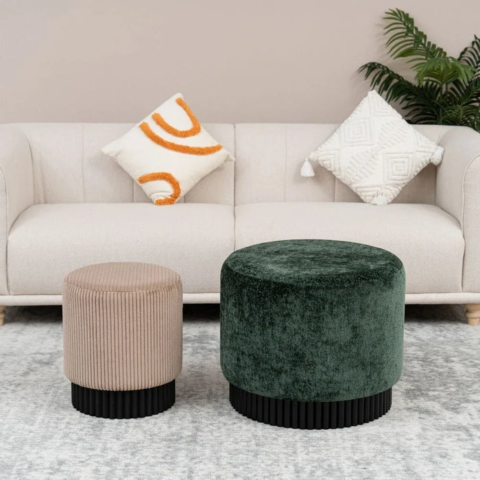 Evans Set Of 2 Round Stackable Ottomans- Green/Beige