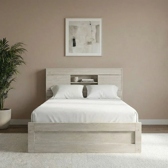 Tisley 120x200 Single Bed with underbed Storage-Light Oak/White Faux Marble-With 2-Year Warranty