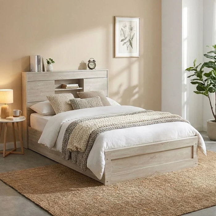 Tisley 120x200 Single Bed with underbed Storage-Light Oak/White Faux Marble-With 2-Year Warranty