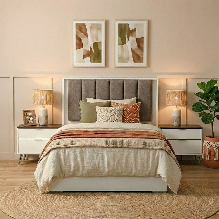 Sparkle 120X200 Bed With Upholstered Headboard & LED-HG White & Beige